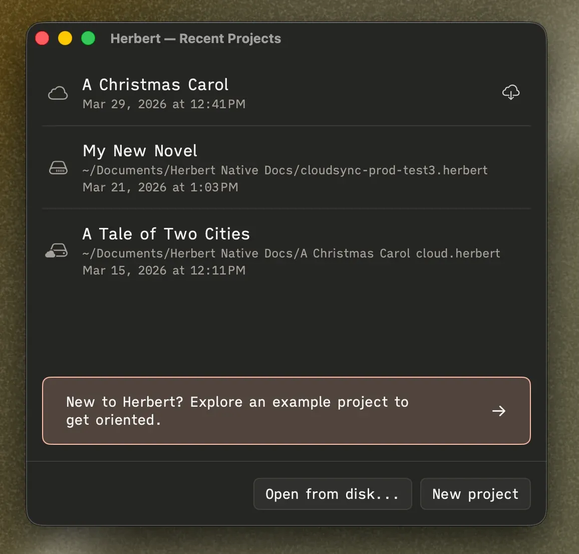 Recent Projects dashboard