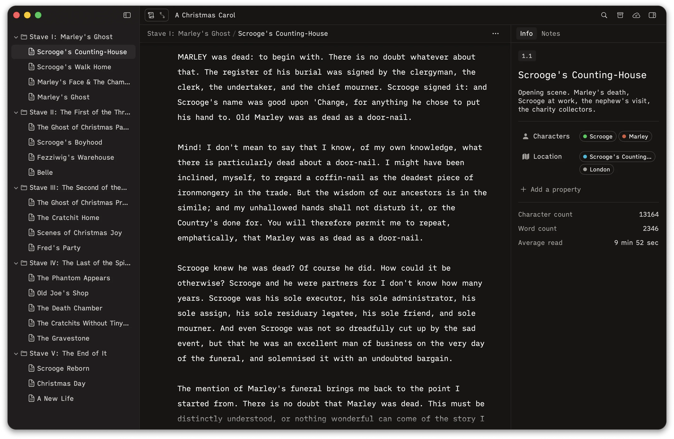 Herbert app showing a manuscript editor with outliner, writing pane, and inspector