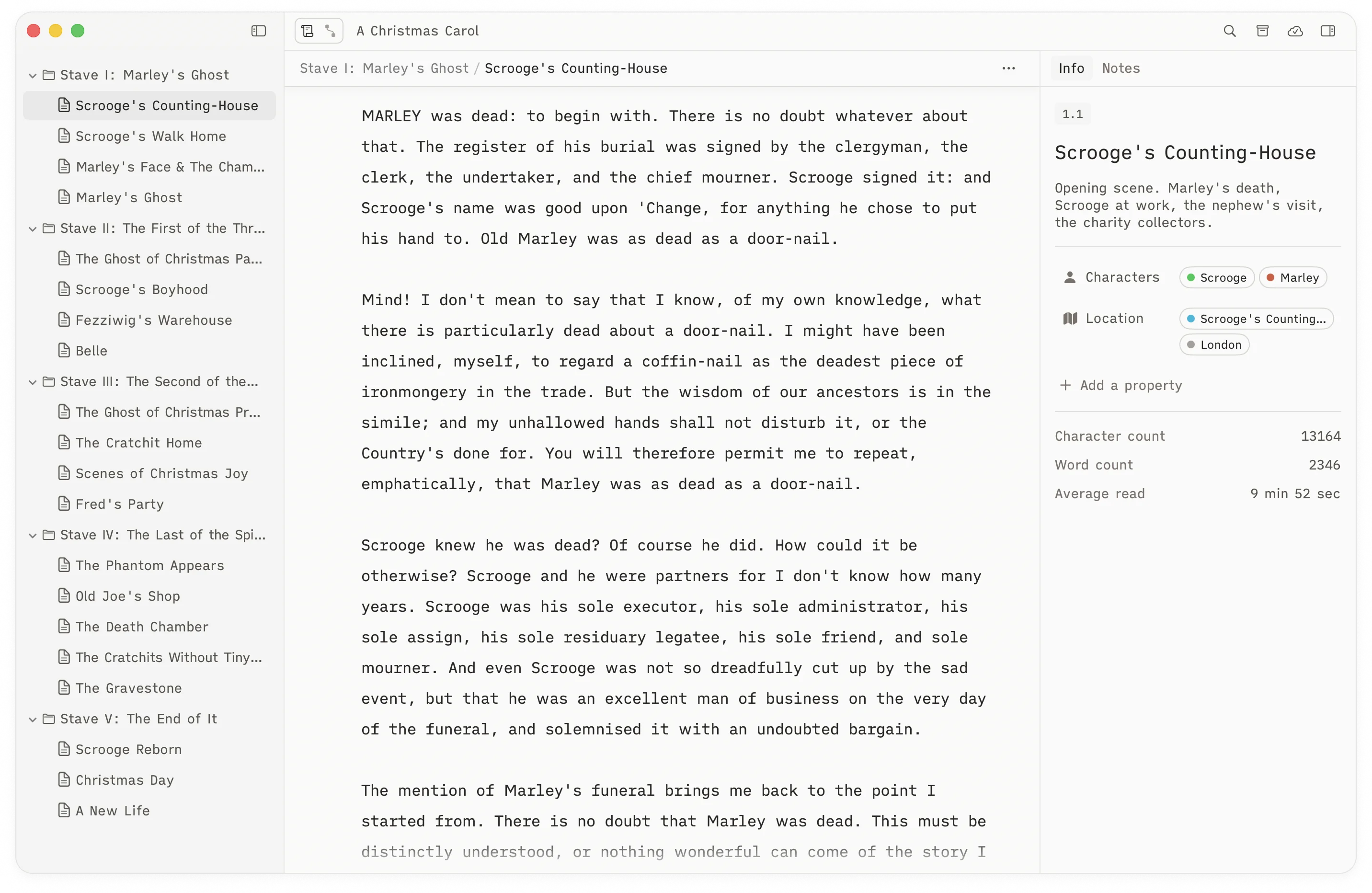 Herbert app showing a manuscript editor with outliner, writing pane, and inspector