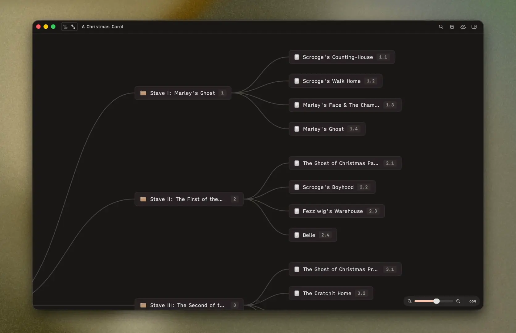 Herbert outliner showing story structure with connected nodes
