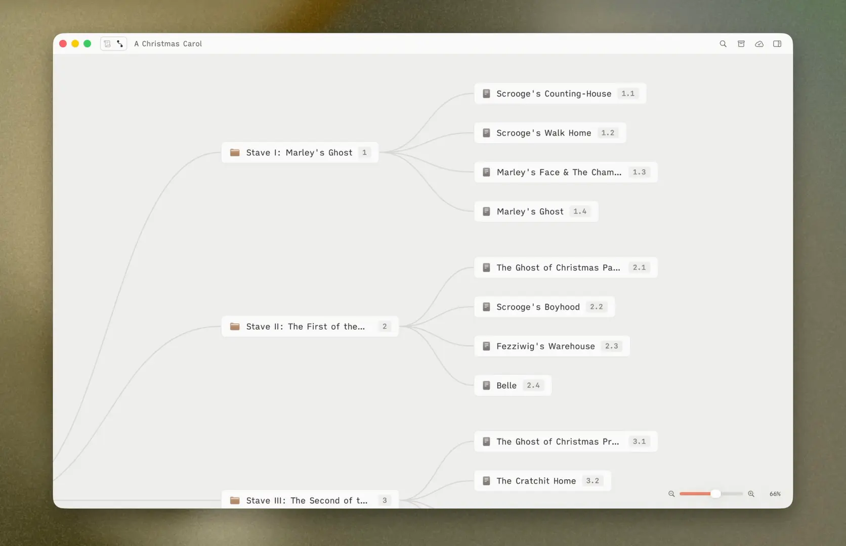 Herbert outliner showing story structure with connected nodes