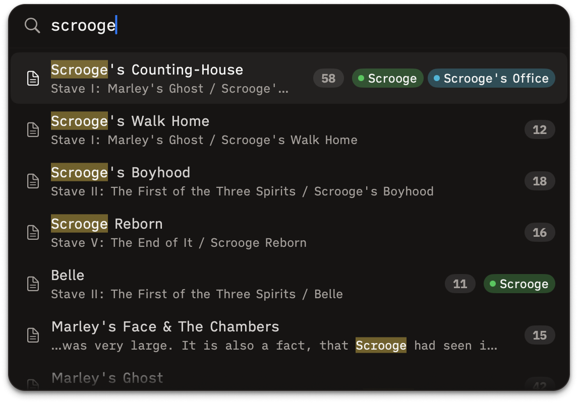 Herbert search interface showing quick navigation between scenes and characters
