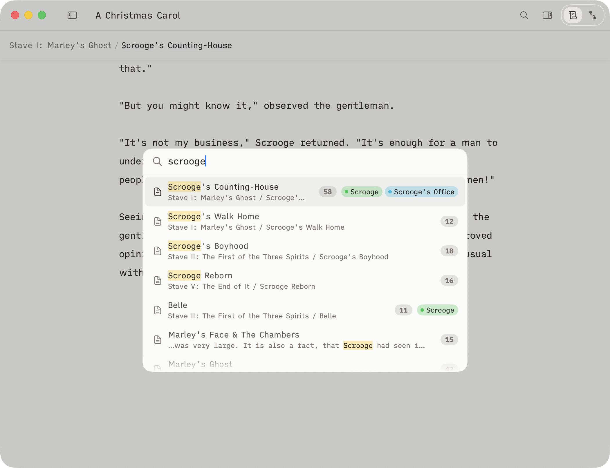 Herbert search interface showing quick navigation between scenes and characters